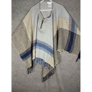 BCBGeneration Blue Tan Geometric Diamond Knit Fringe Poncho Wrap Zip Neck GN4845